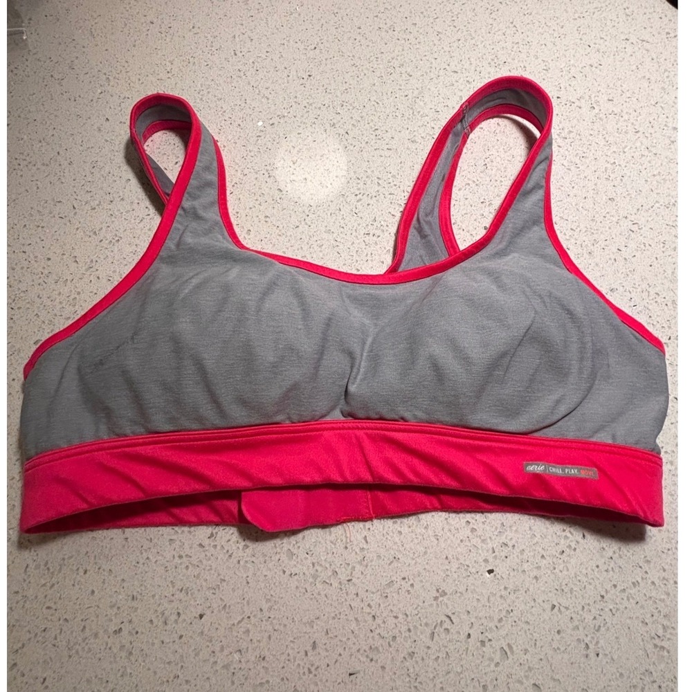 Aerie Chill Play Move Sunnie Gray Pink Padded Strappy Sports Bra 32B